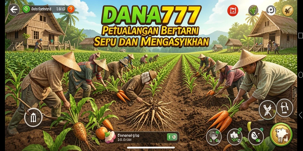 Tampilan screenshot DANA777 menampilkan kebun yang rimbun dan aktivitas bertani yang seru.