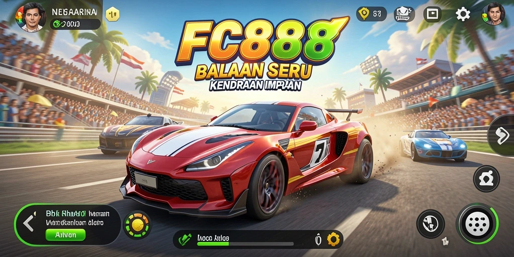 Tampilan gameplay FC888 yang mendebarkan dengan mobil balap cepat.