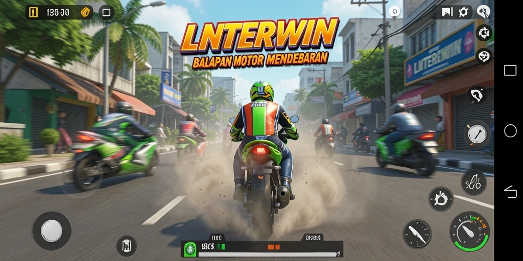Gameplay seru LNTERWIN dengan balapan motor di trek yang mendebarkan.