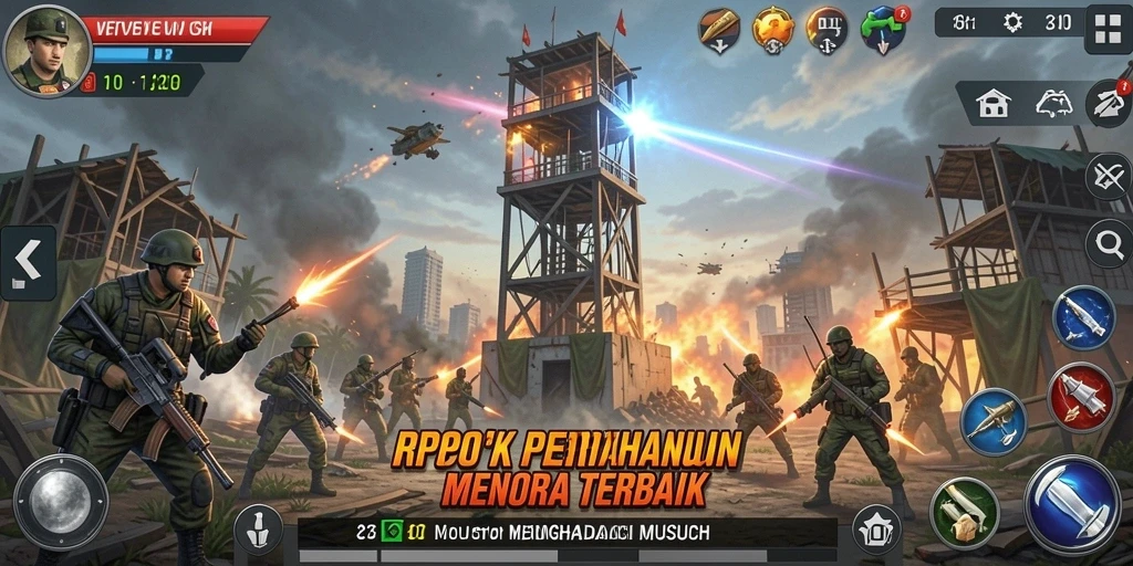 Gameplay RPOK menampilkan menara bertahan melawan gelombang musuh.